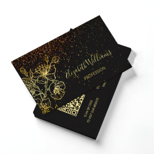 Carte De Visite Black Gold Line Art Parties scintillant florale |