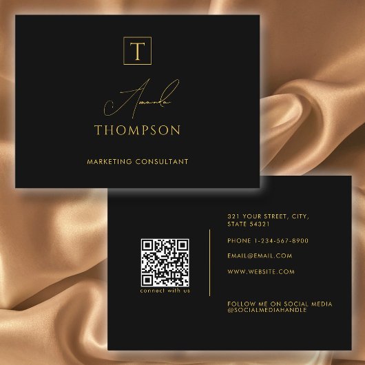 Carte De Visite Black Gold Luxury Monogramme Médias sociaux QR Cod