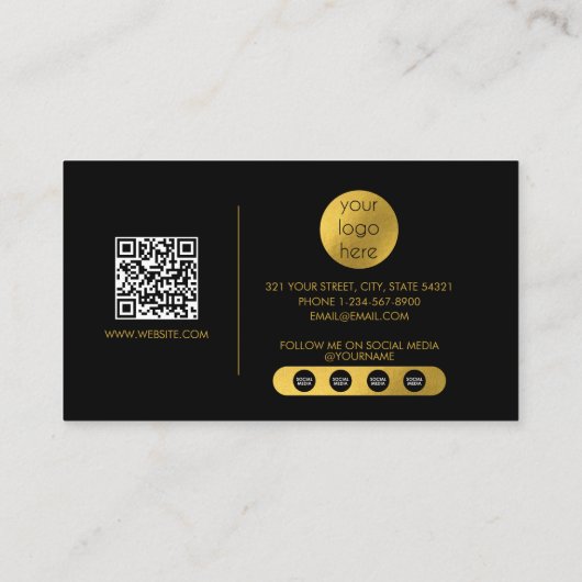 Carte De Visite Black Gold Luxury Script QR Code Médias sociaux (Dos)