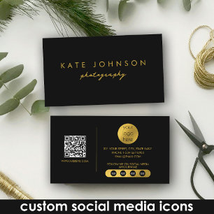 Carte De Visite Black Gold Luxury Script QR Code Médias sociaux