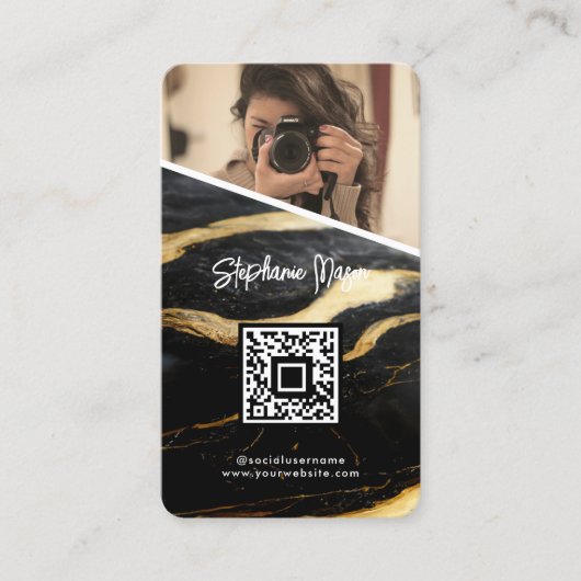 Carte De Visite Black Gold Marble Photo QR Code Photographie moder (Devant)