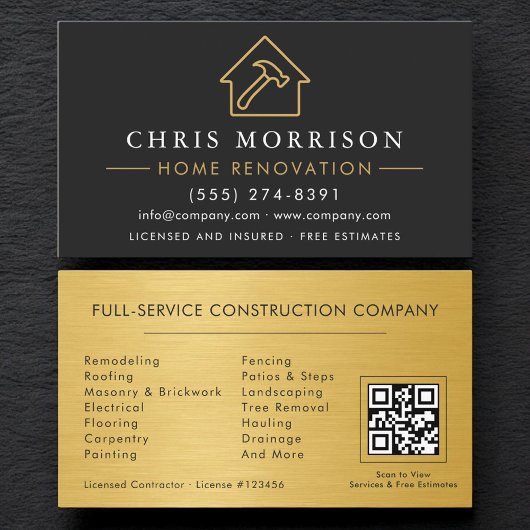 Carte De Visite Black Gold Metal Home Renovation QR Code