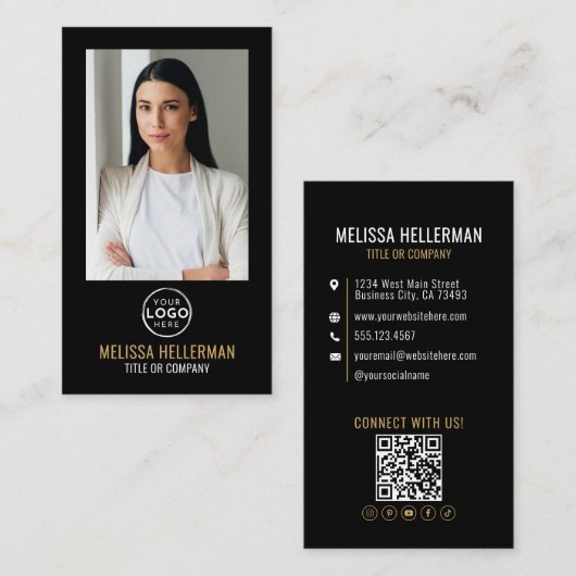 Carte De Visite Black Gold Minimalist Photo QR Code Logo (Devant / Derrière)