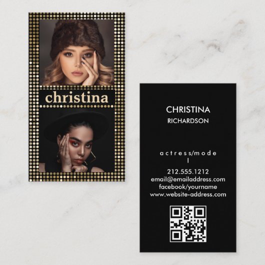 Carte De Visite Black Gold Model Actrice QR Code 2 Photo Collage (Devant / Derrière)
