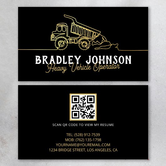 Carte De Visite Black Gold Modern Heavy Vehicle Operator QR Code