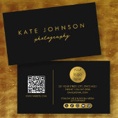 Carte De Visite Black Gold Modern Script QR Code Social Media B