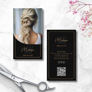 Carte De Visite Black Gold Monogramme Liste de cheveux Salon Photo