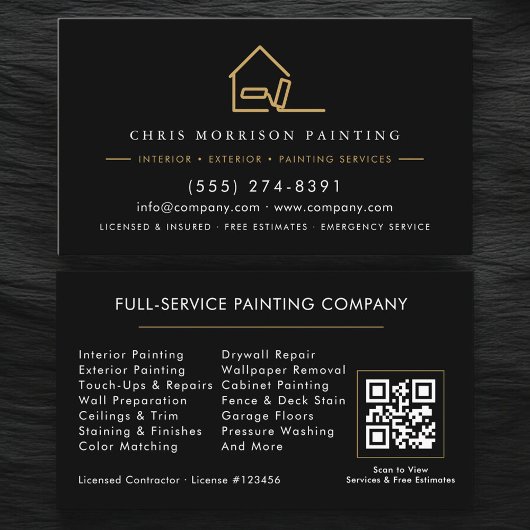 Carte De Visite Black Gold Professional Painter Painting QR Code