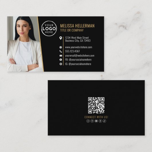 Carte De Visite Black Gold Professional QR Code Photo Logo (Devant / Derrière)