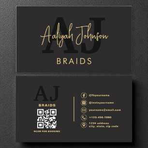 Carte De Visite Black Gold QR Code Braids Hair Stylliste