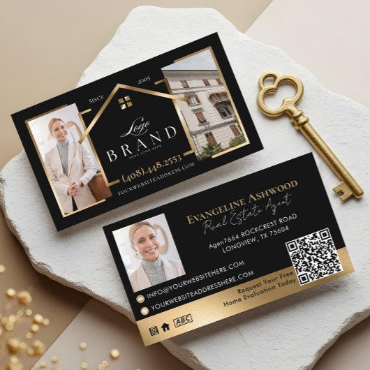 Carte De Visite Black Gold Real Estate Agent Photo Logo QR Code