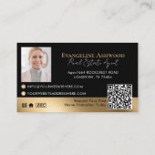 Carte De Visite Black Gold Real Estate Agent Photo Logo QR Code (Dos)