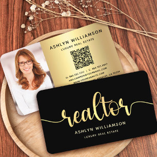 Carte De Visite Black Gold Realtor Photo QR Code Broker Agent Bold