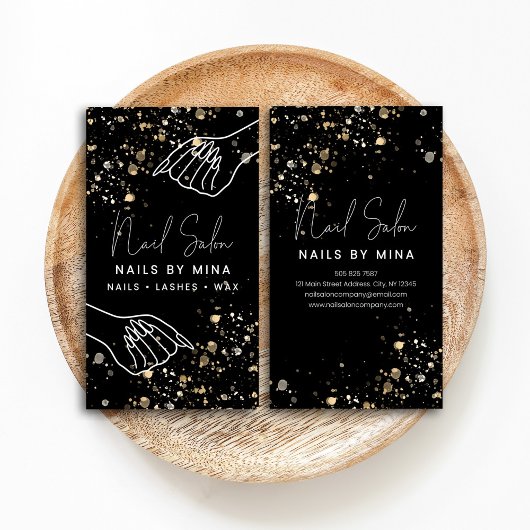 Carte De Visite Black Gold Specks Hand Nail Salon