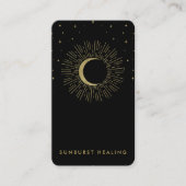 Carte De Visite Black & Gold Stars Celestial Sunburst Moon QR (Devant)