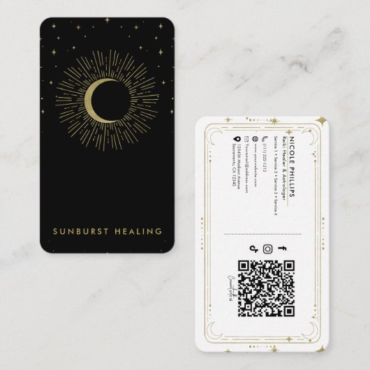 Carte De Visite Black & Gold Stars Celestial Sunburst Moon QR (Devant / Derrière)