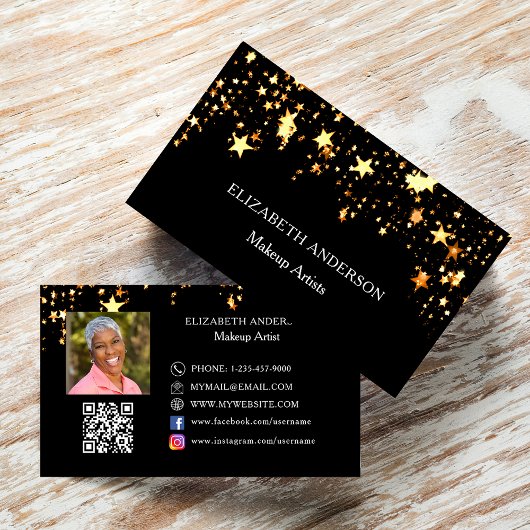 Carte De Visite Black gold stars Qr code photo des médias sociaux
