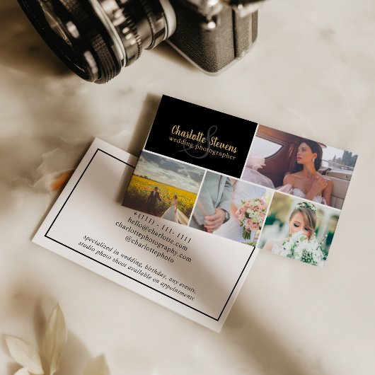 Carte De Visite Black gold wedding photographer collage