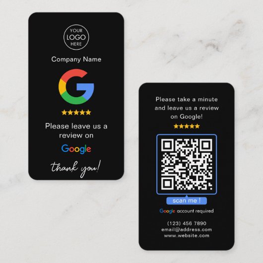 Carte De Visite Black Google Commentaires QR Code Business Review (Devant / Derrière)