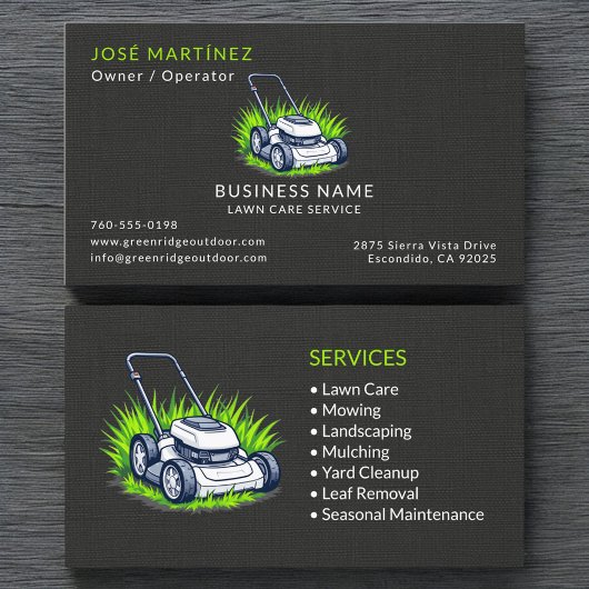 Carte De Visite Black Linen Green Lawn Care Service Professional