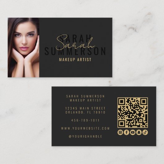 Carte De Visite Black Makeup Artist Beauty Salon QR Code Photo (Devant / Derrière)