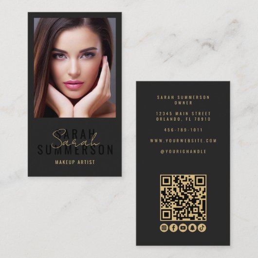 Carte De Visite Black Makeup Artist Beauty Salon QR Code Photo (Devant / Derrière)