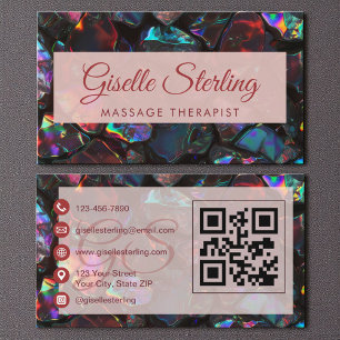 Carte De Visite Black Massage Therapist Opal Gemstone QR Code