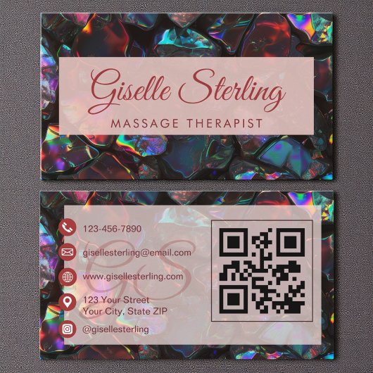 Carte De Visite Black Massage Therapist Opal Gemstone QR Code