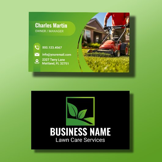 Carte De Visite Black Minimalist Green Leaf Lawn Care