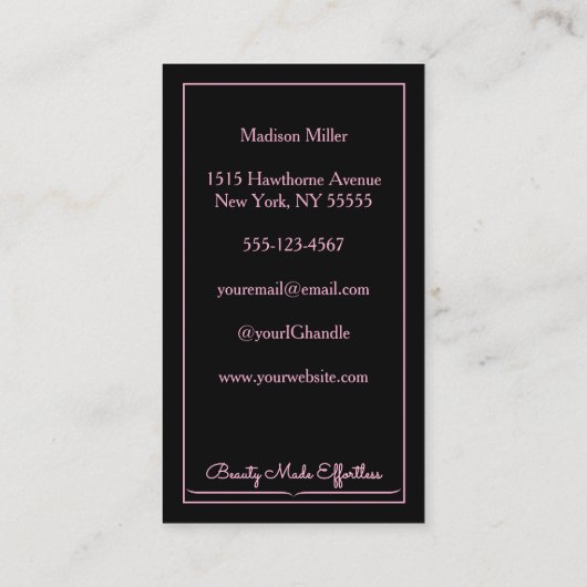 Carte De Visite Black Pink Script Logo QR Code Photo Makeup (Dos)