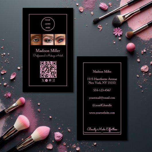 Carte De Visite Black Pink Script Logo QR Code Photo Makeup