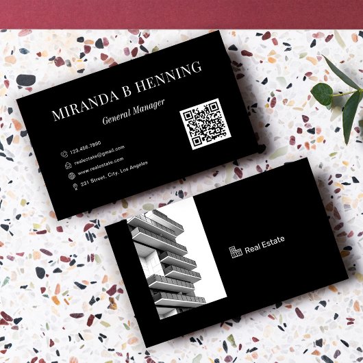 Carte De Visite Black Professional Real Estate Agent Photo QR Code