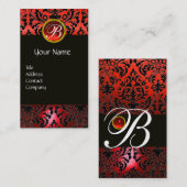 CARTE DE VISITE BLACK RED DAMASK FLORAL RED RUBY GEM MONOGRAM (Devant / Derrière)