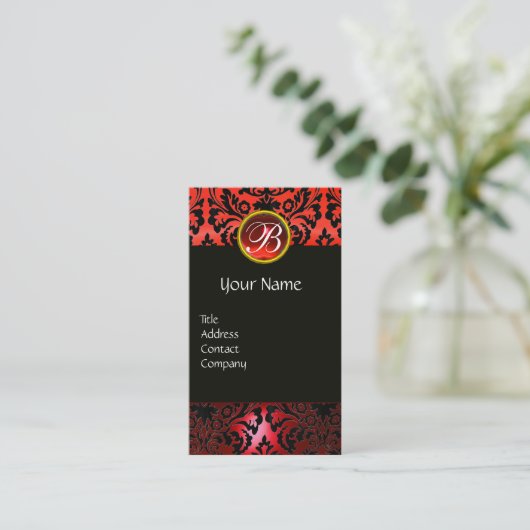 CARTE DE VISITE BLACK RED DAMASK FLORAL RED RUBY GEM MONOGRAM (Debout devant)