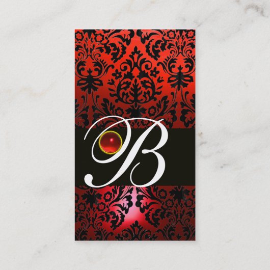 CARTE DE VISITE BLACK RED DAMASK FLORAL RED RUBY GEM MONOGRAM (Dos)