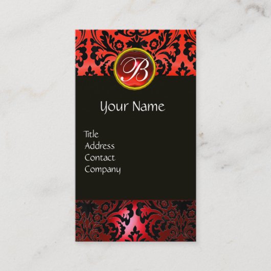 CARTE DE VISITE BLACK RED DAMASK FLORAL RED RUBY GEM MONOGRAM (Devant)