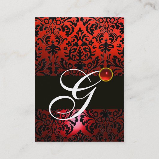 Carte De Visite BLACK RED DAMASK MONOGRAM FLORAL, Ruby Gem (Dos)