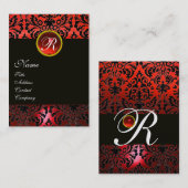Carte De Visite BLACK RED DAMASK MONOGRAM FLORAL, Ruby Gemstone (Devant / Derrière)
