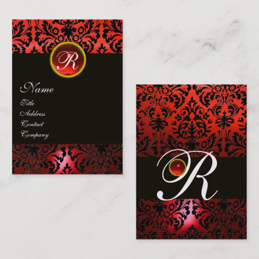 Carte De Visite BLACK RED DAMASK MONOGRAM FLORAL, Ruby Gemstone (Devant / Derrière)