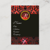 Carte De Visite BLACK RED DAMASK MONOGRAM FLORAL, Ruby Gemstone (Devant)