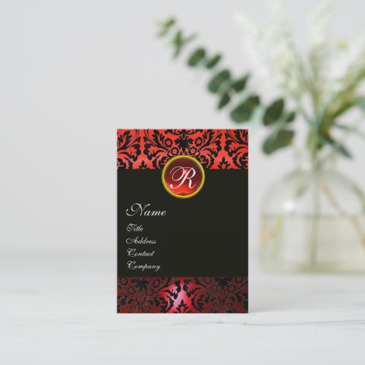 Carte De Visite BLACK RED DAMASK MONOGRAM FLORAL, Ruby Gemstone (Debout devant)