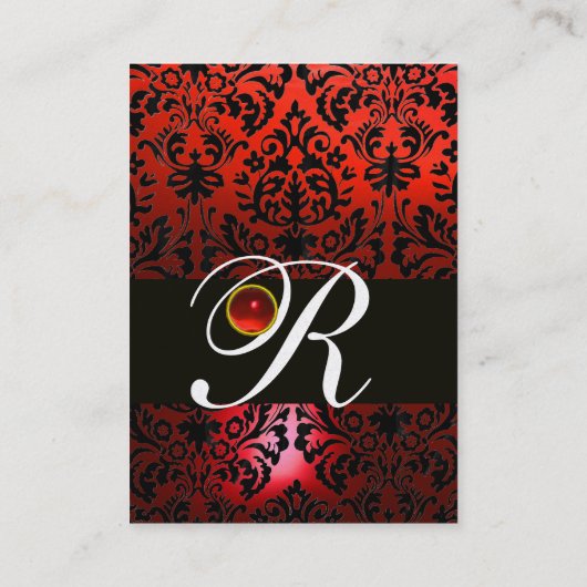Carte De Visite BLACK RED DAMASK MONOGRAM FLORAL, Ruby Gemstone (Dos)