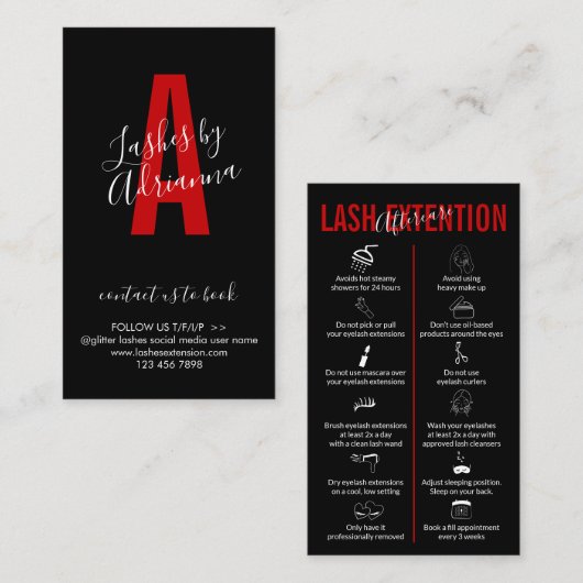 Carte De Visite Black Red Icon Maquillage Lash Extension Aftercare (Devant / Derrière)
