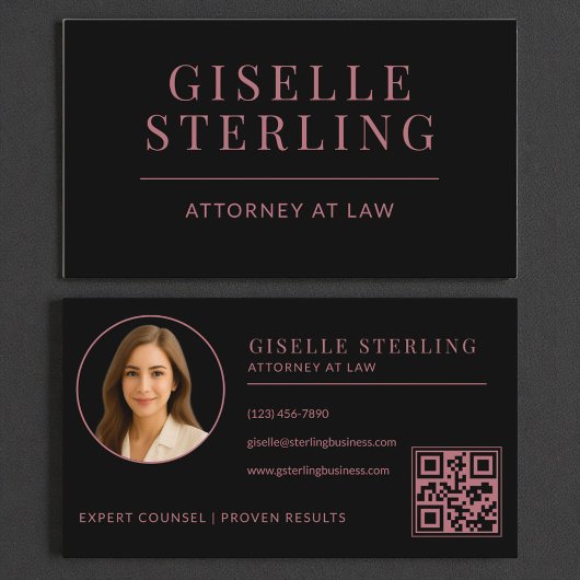 Carte De Visite Black Rose Gold Attorney Photo QR Code