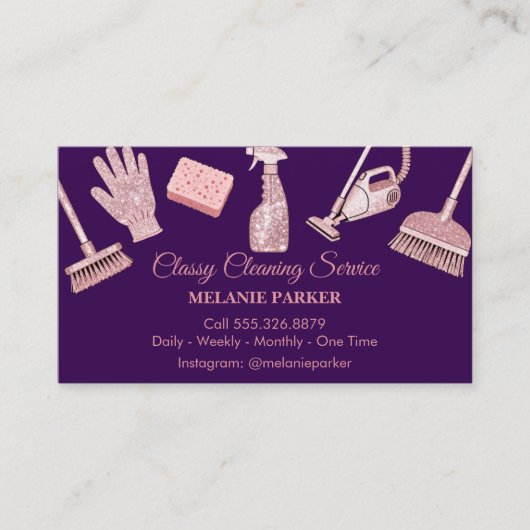 Carte De Visite Black & Rose pink Glitter Classy Cleaning Services (Devant)
