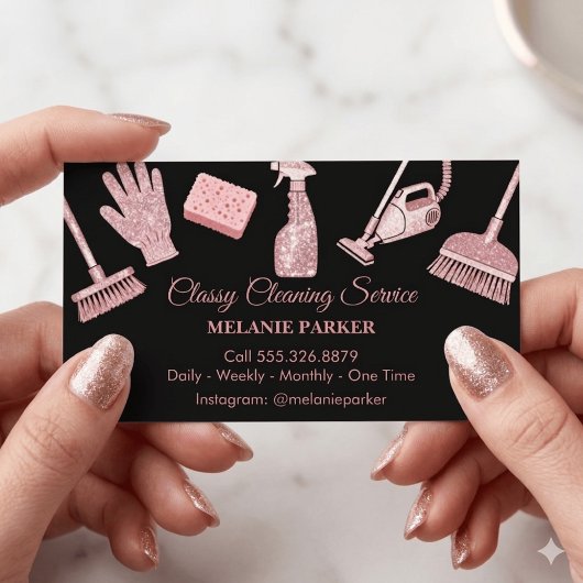 Carte De Visite Black & Rose pink Glitter Classy Cleaning Services
