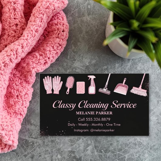 Carte De Visite Black & Rose pink Glitter Classy Cleaning Services