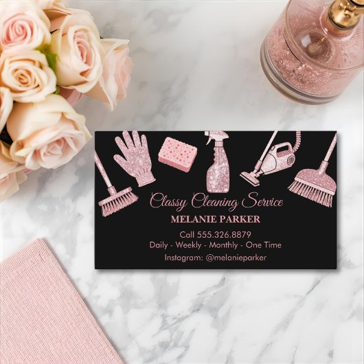 Carte De Visite Black & Rose pink Glitter Classy Cleaning Services