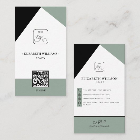 Carte De Visite Black Saga Green Custom Business Logo & QR Code (Devant / Derrière)