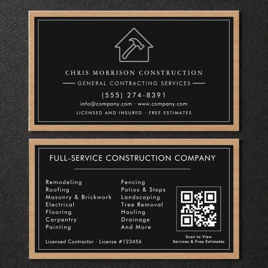Carte De Visite Black & Silver General Contractor QR Code Wood